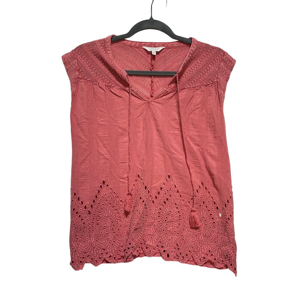 Lucky Brand Top Women's Medium Blouse Dusty Pink Eyelet Embroidery